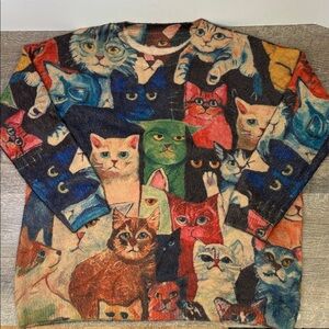 Colorful Cat Print Sweater – Wool Blend Artsy Kitten Pullover